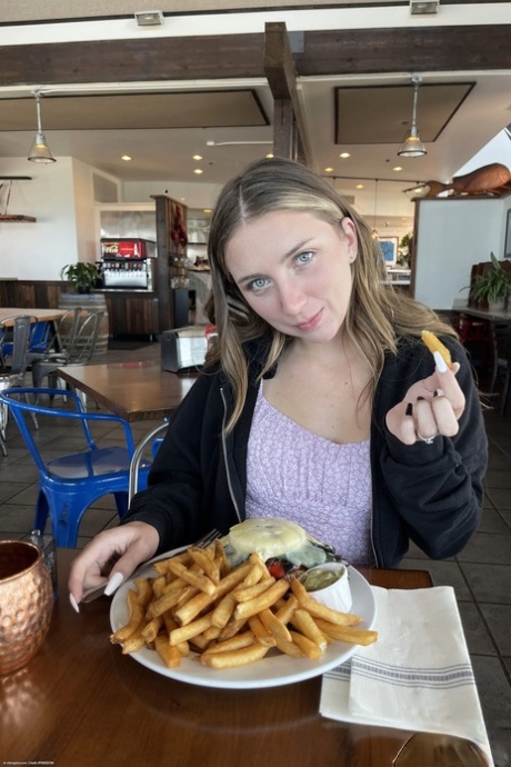 Beautiful teen Macy Meadows shows her tiny tits and presents her pussy